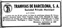 Aviso de Tranvías de Barcelona. La Vanguardia, 21 septiembre 1969